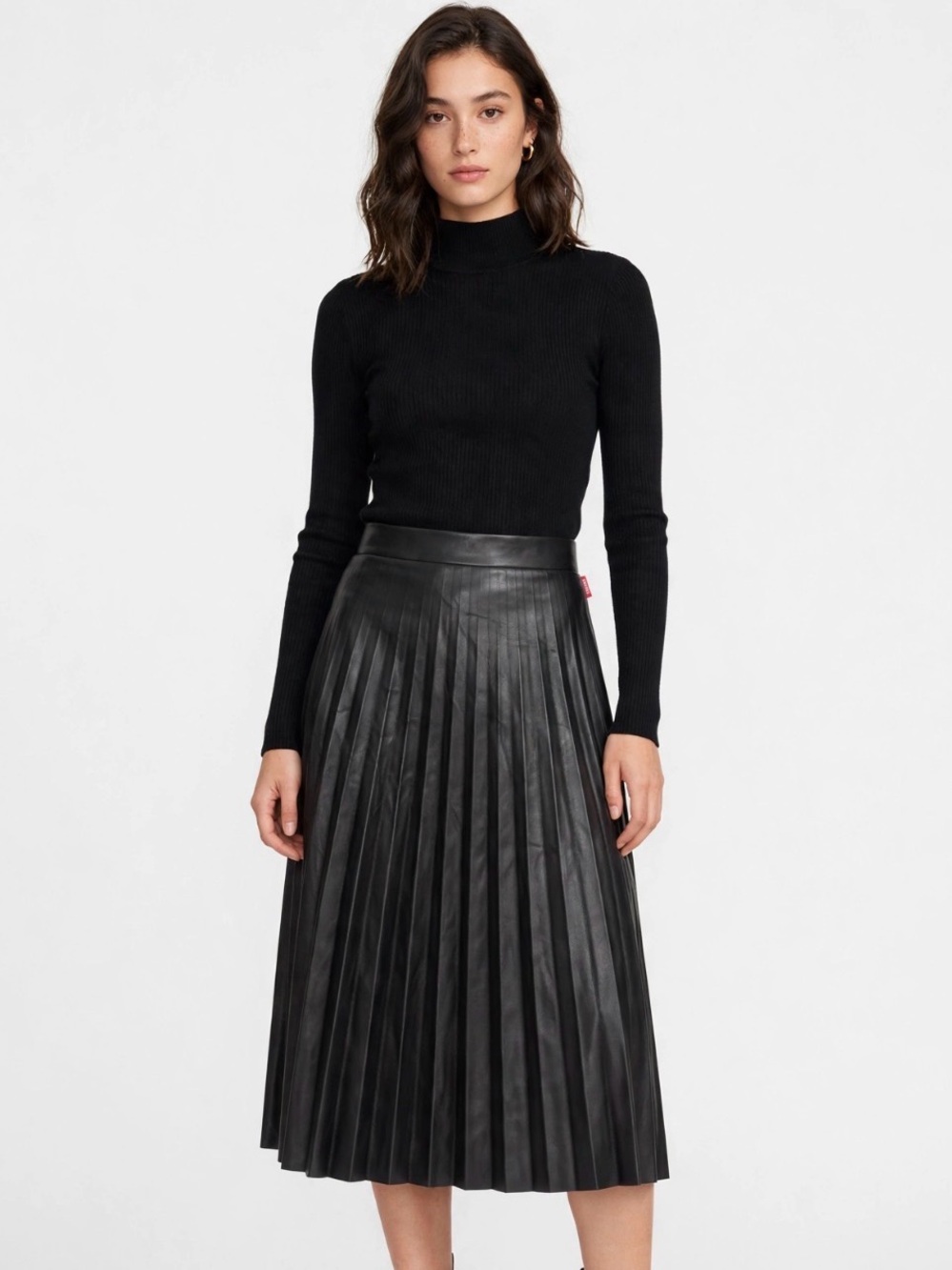 Susan Graver Black Pleated Faux Leather Midi Skirt